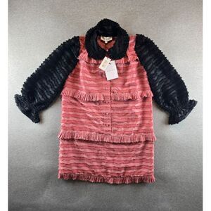 NWT Buru Peter Pan‎ Collar Mini Dress Rose & Black Fringe, Size Small Designer